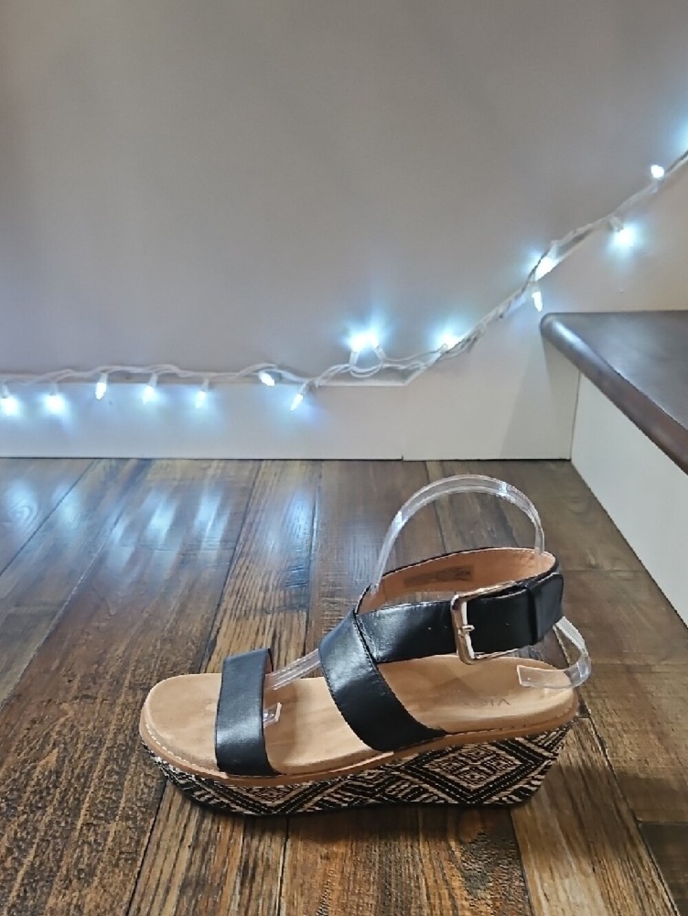 Vionic Black Strappy Wedge Sandals with Patterned Espadrille Heel - Picture 13 of 13